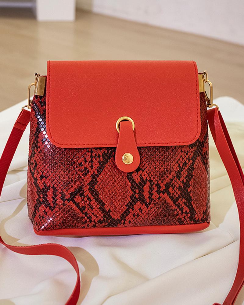 

Snakeskin Square Bucket Shoulder Bag, Red