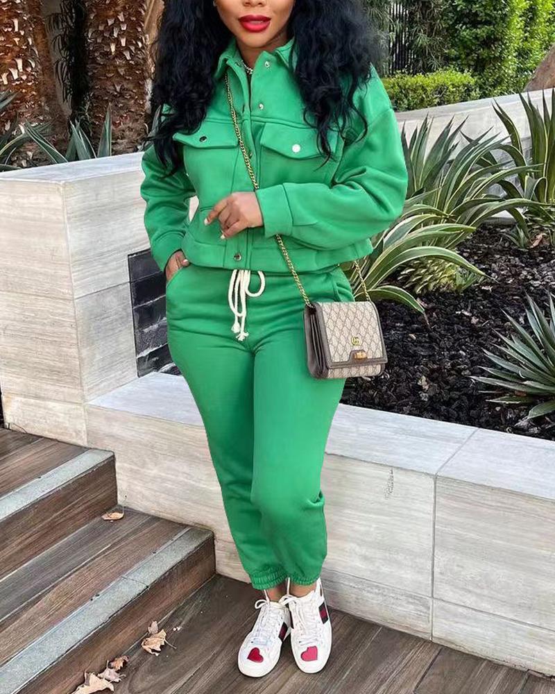 

Long Sleeve Buttoned Top & Drawstring Pants Set, Green