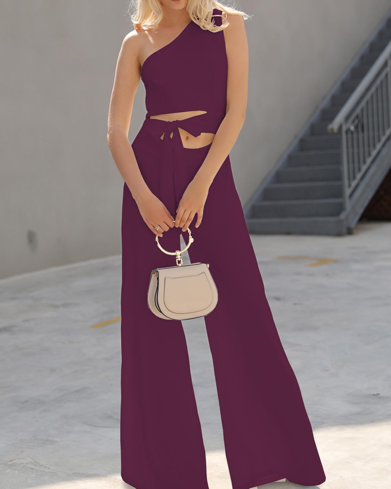 

One Shoulder Cutout Tie Waist Wide Leg Jumpsuit, Purple