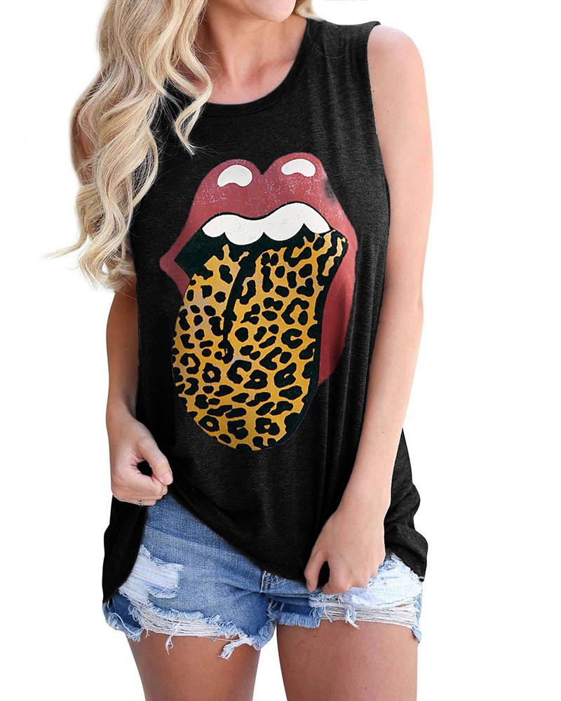 

Lip Cheetah Print Casual Tank Top, Black
