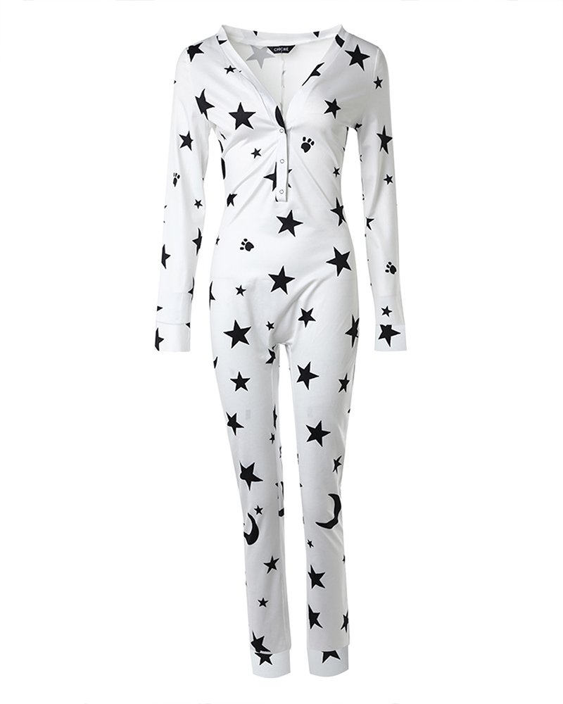 

Star Moon Print Functional Buttoned Flap Adults Pajamas, White