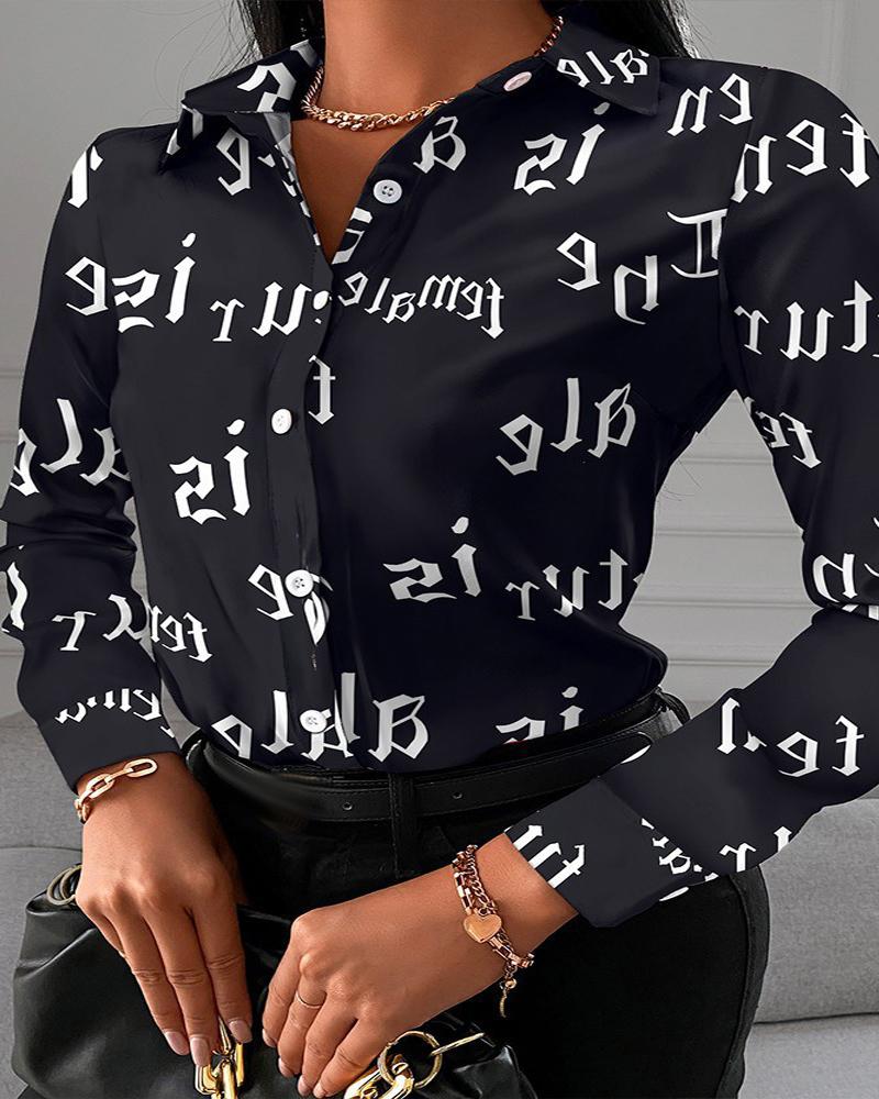 

Plus Size Letter Print Long Sleeve Shirt, Black