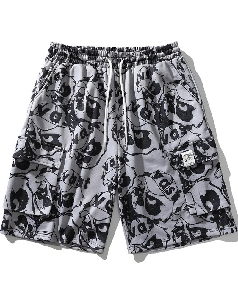 

Cartoon Print Loose Drawstring Shorts, Black
