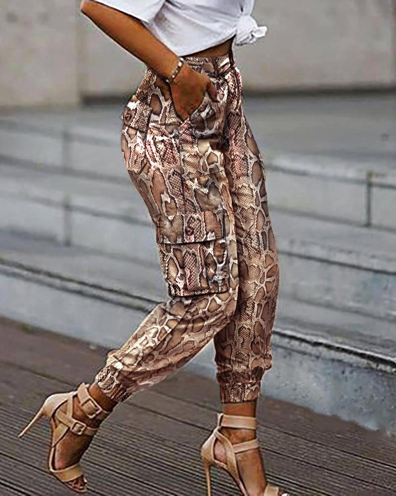 

Snakeskin Print Pocket Design Cargo Pants, Brown
