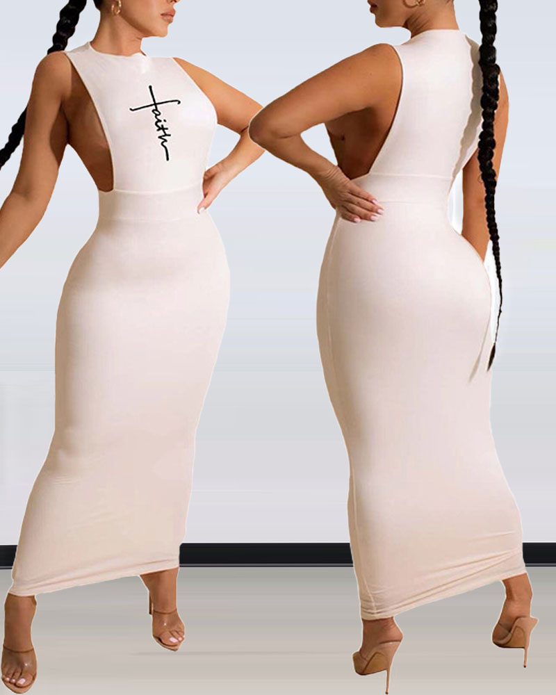 

Letter Print Sleeveless Bodycon Dress, White