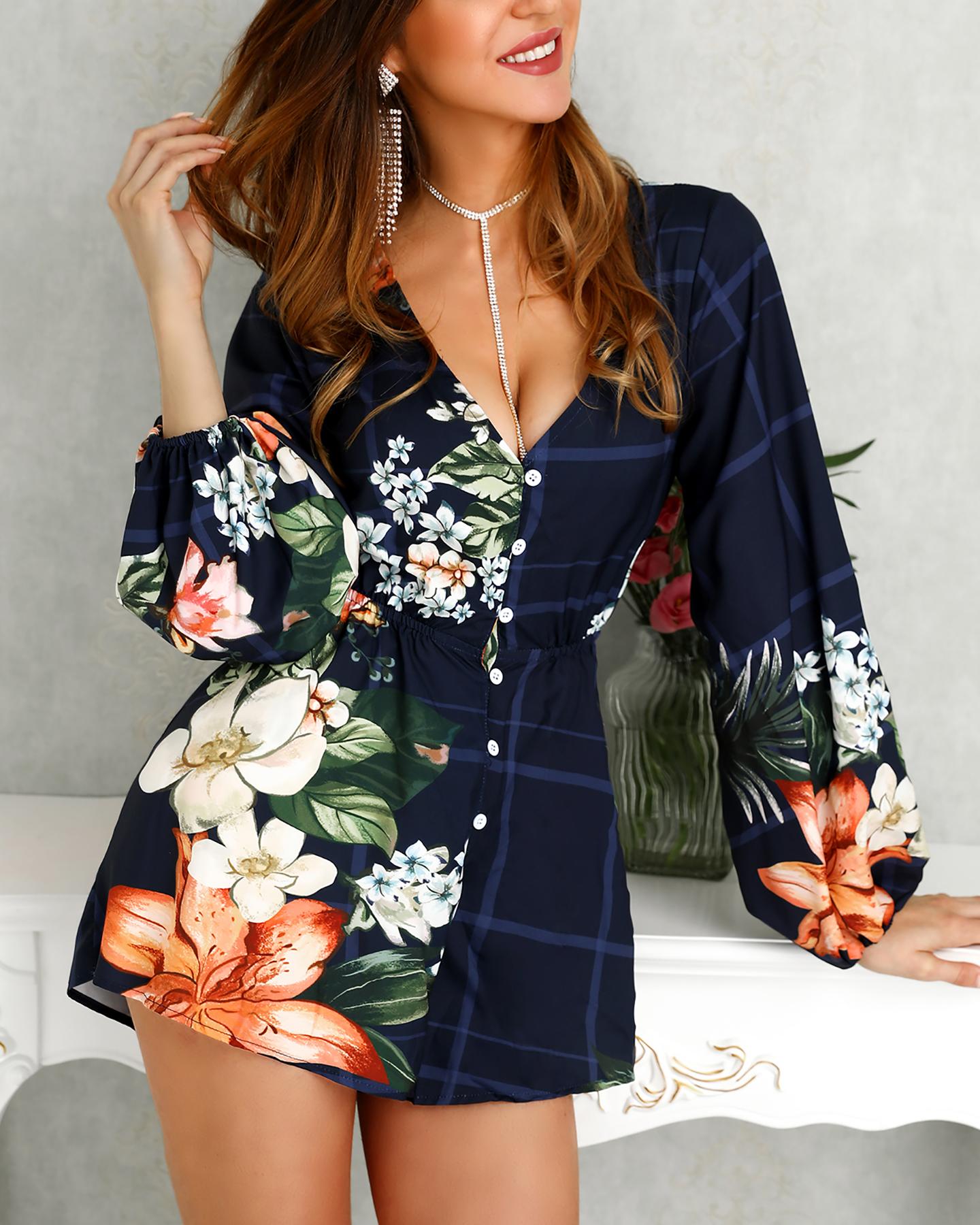 

Floral Print Lantern Sleeve Backless Romper, Purplish blue