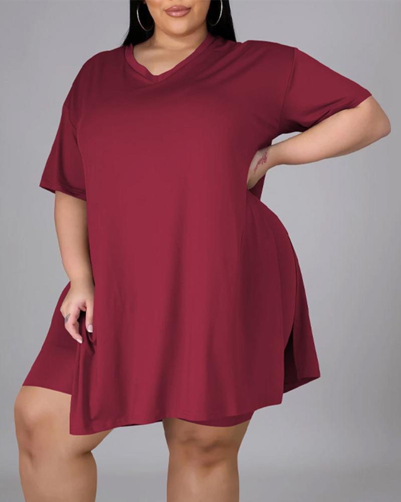 

Plus Size Split Hem Casual Top & Shorts Set, Wine red
