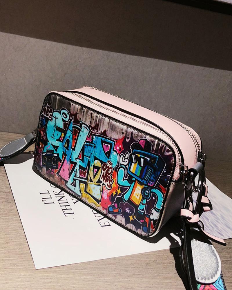 

Graffiti Print Crossbody Bag, Pink