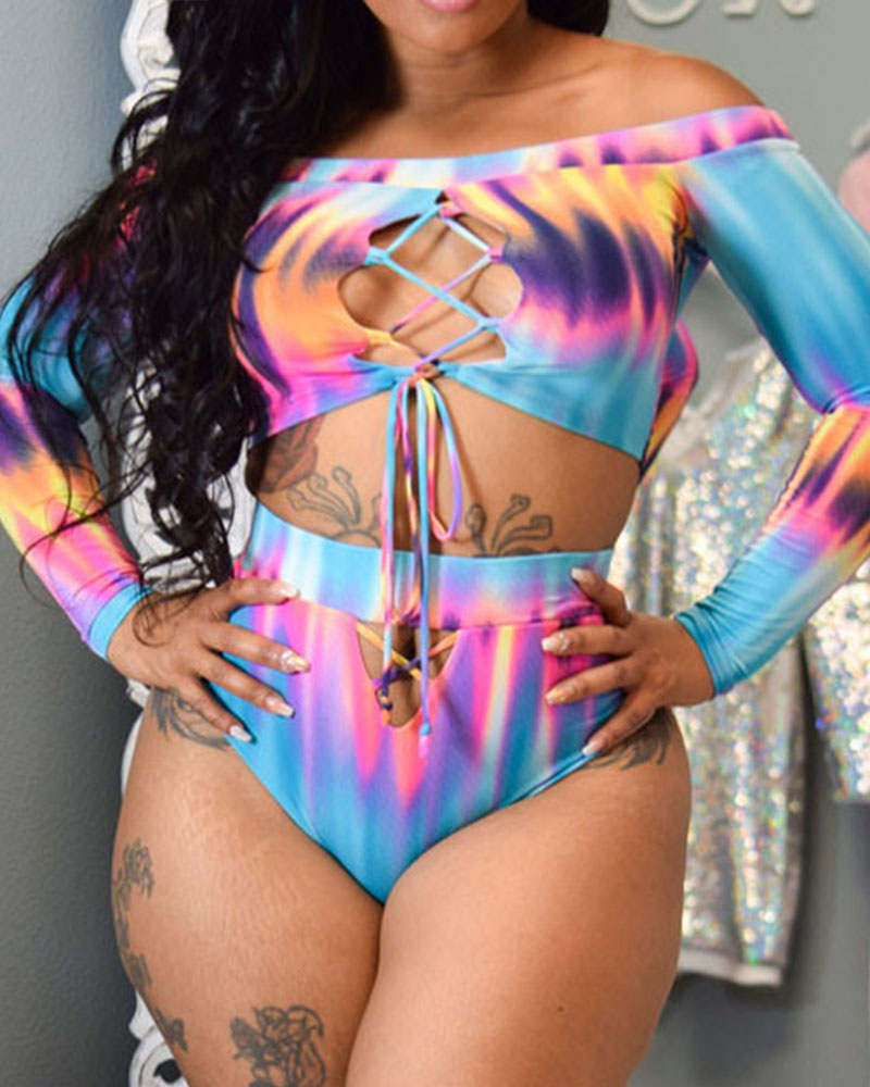 

Tie Dye Print Off Shoulder Lace-up High Waist Tankini Set, Blue