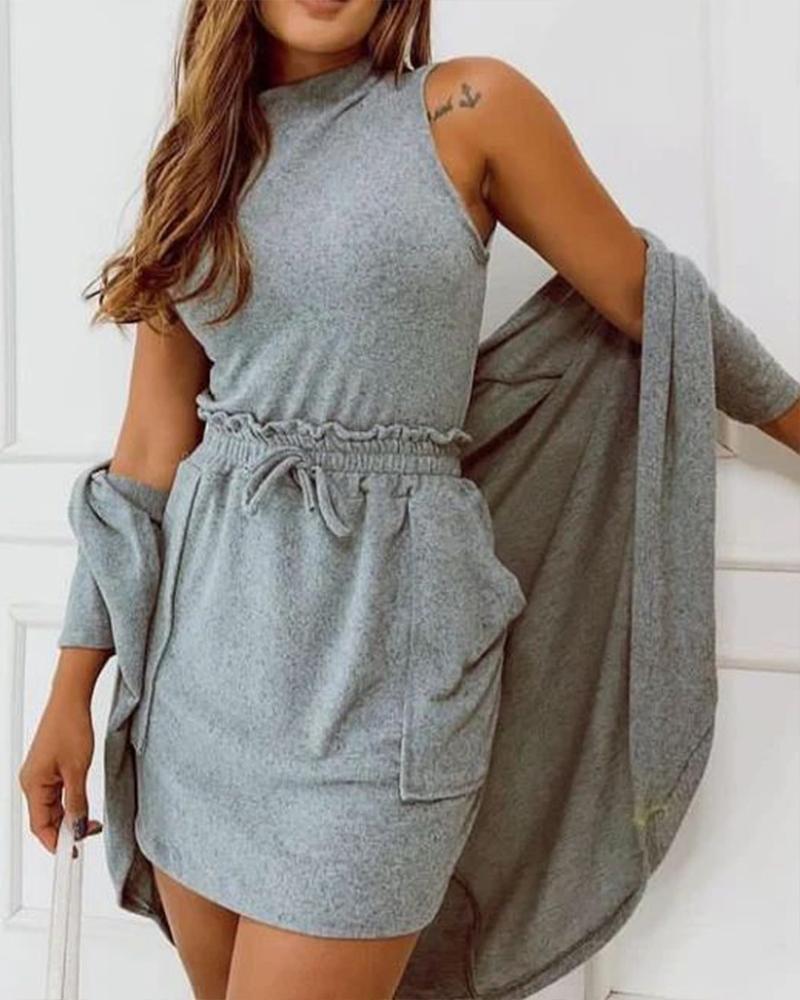

Plain Tank Top & Pocket Detail Skirt Set, Gray
