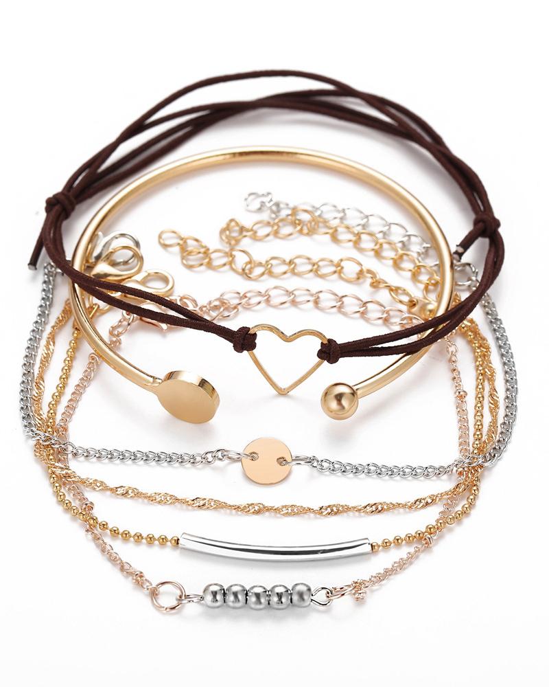 

6pcs Bohemian Beaded Heart Shaped Chain Bracelets Set, Coffee