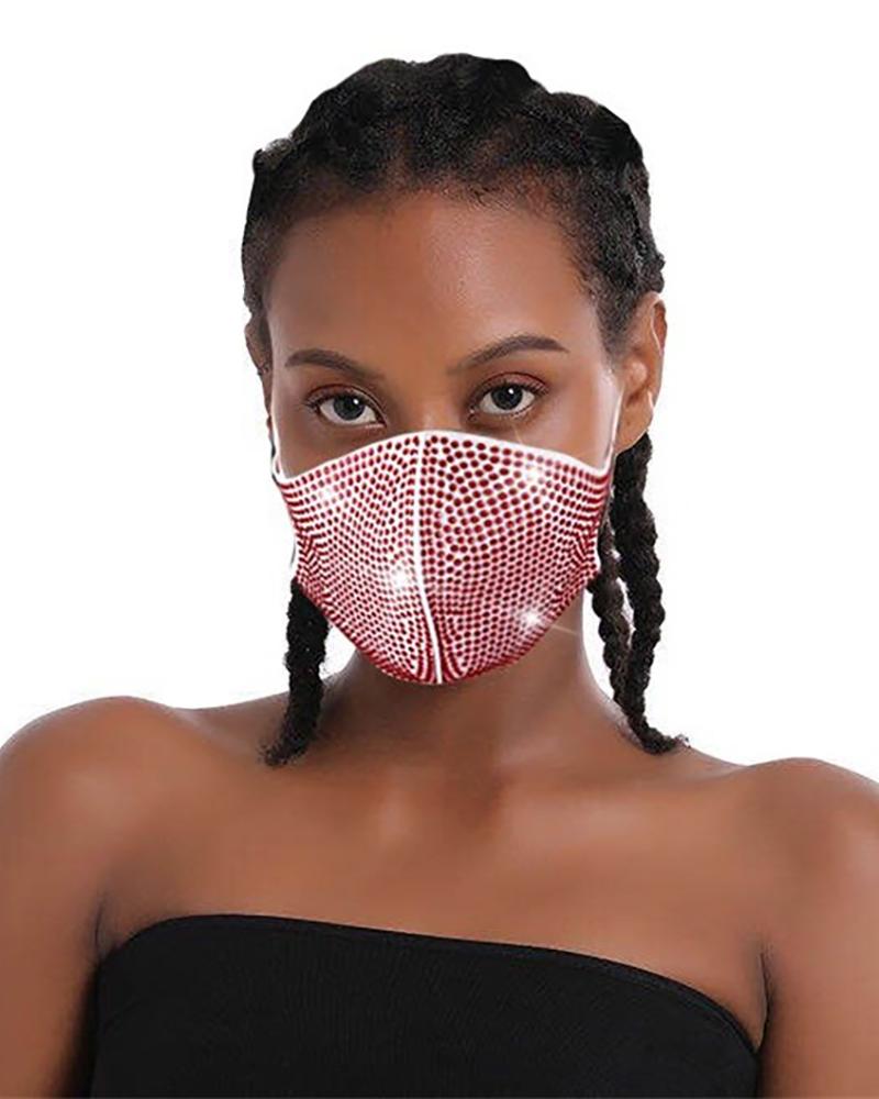 

Daisy Pattern Colorblock Bling Rhinestone Face Mask, Red