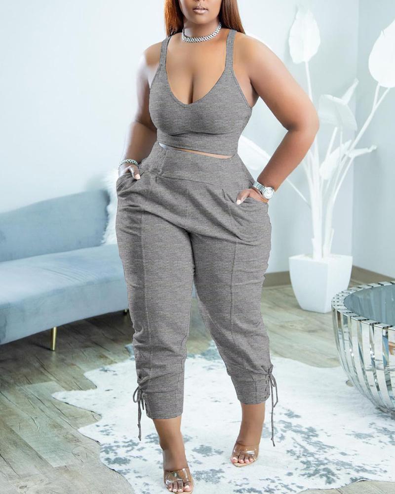 

Thin Strap Crop Top & Eyelet Lace-up Pants Set, Gray