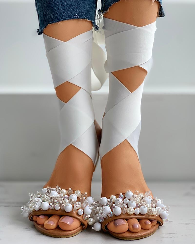 

Beaded Ribbon Peep Toe Flat Sandals, White