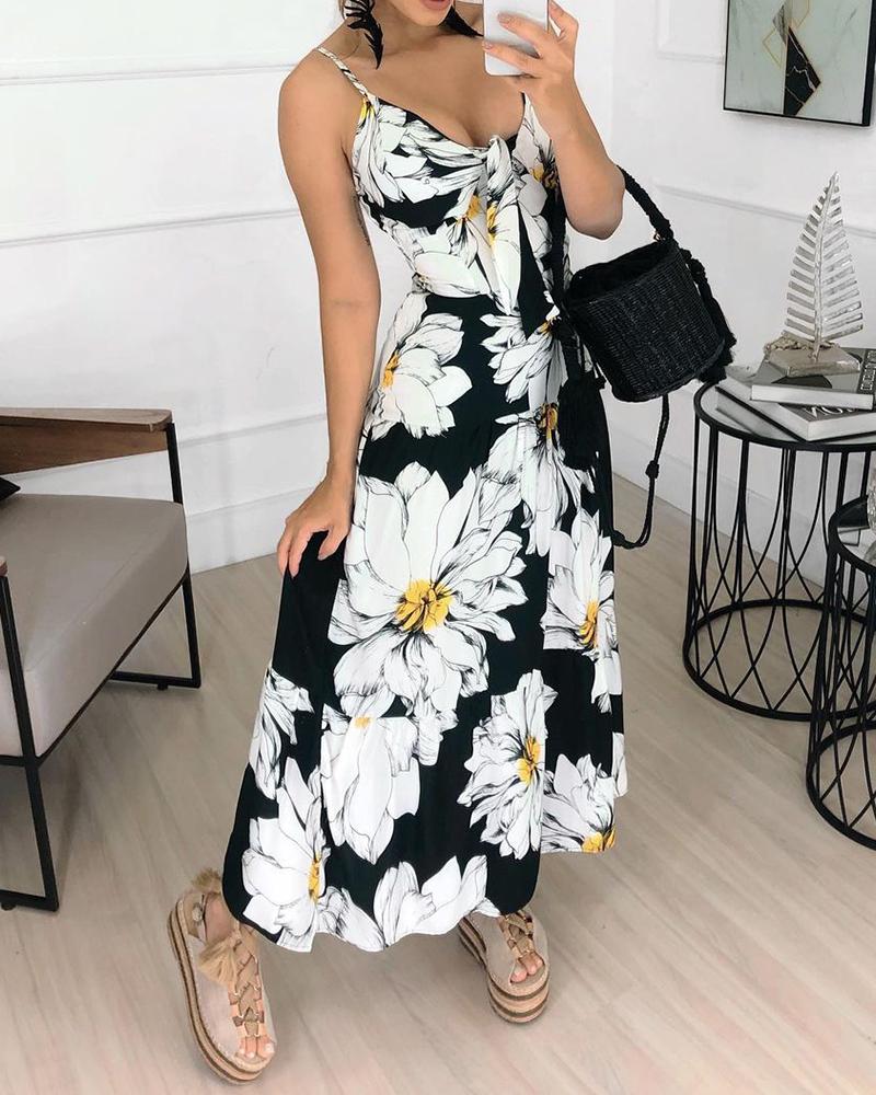 

Knotted Floral Print Spaghetti Strap Maxi Dress, Black