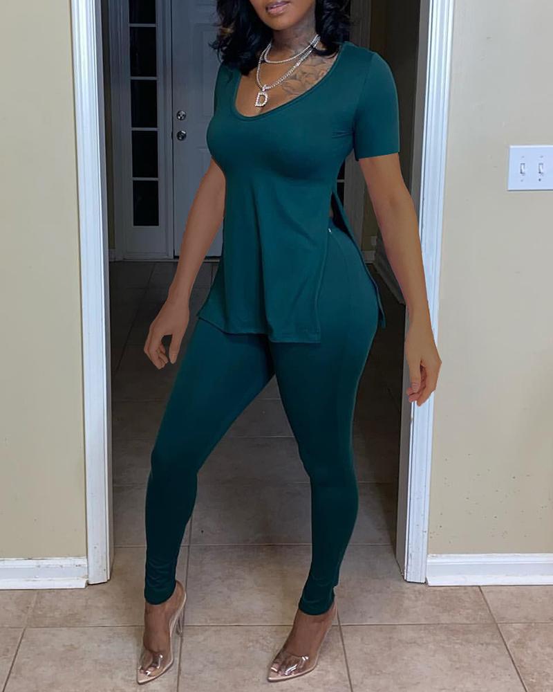 

Short Sleeve Slit Basic Top & Pants Set, Blue