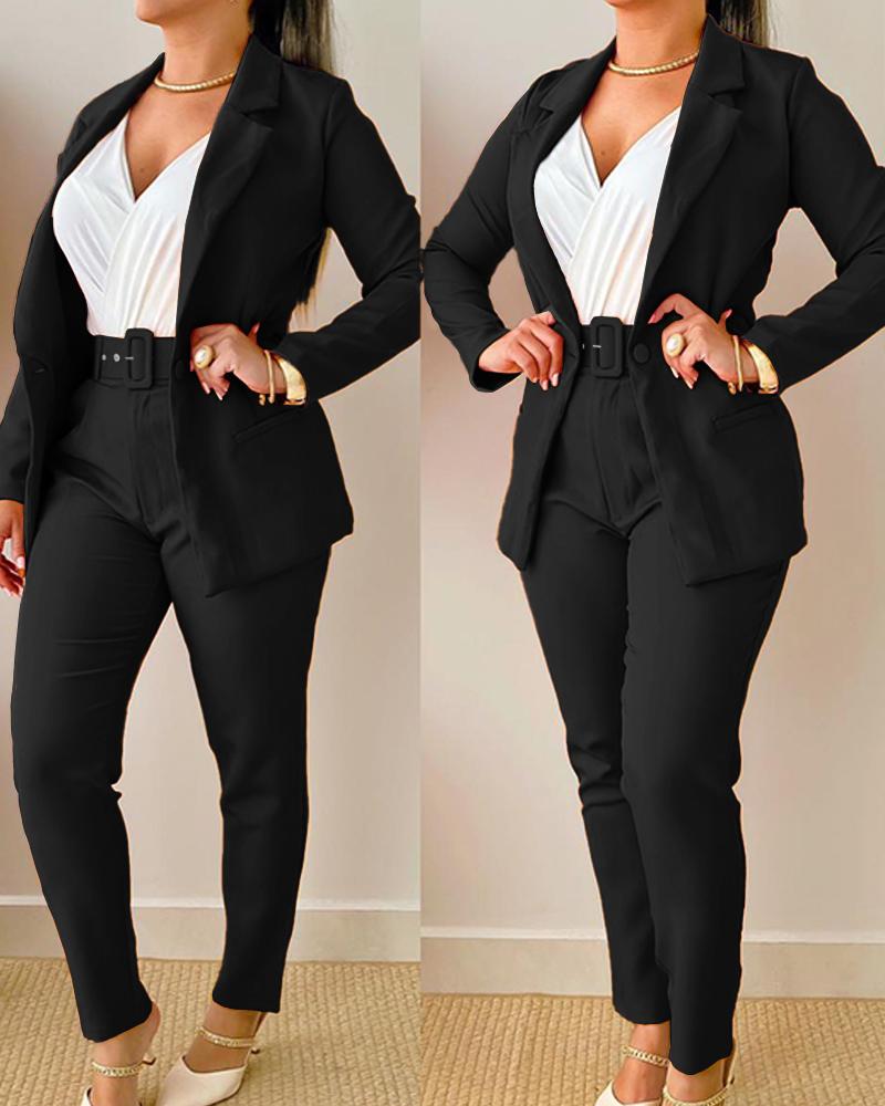 

Turn-down Collar Buttoned Blazer Coat & Belted Pants Set, Black
