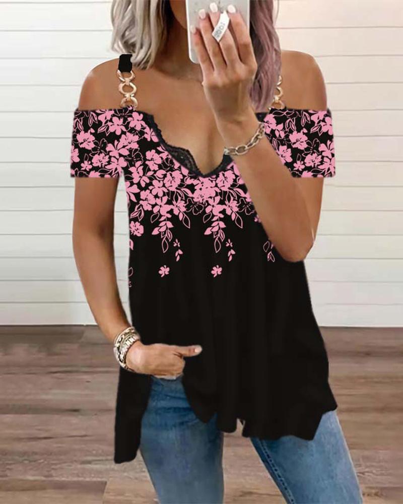 

Floral Print Chain Strap Cold Shoulder Top, Pink