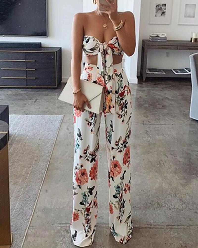 

Floral Print Knotted Front Bandeau Top & High Waisted Pants Set, Orange