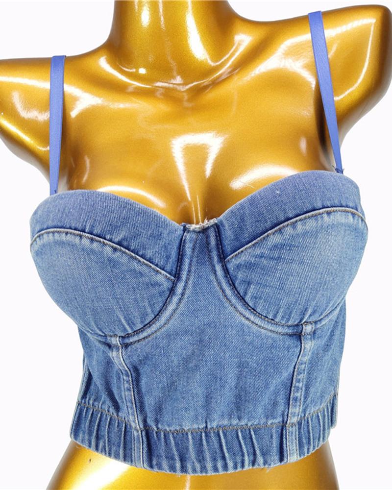 

Buckle Back Spaghetti Strap Denim Corset Top, Blue