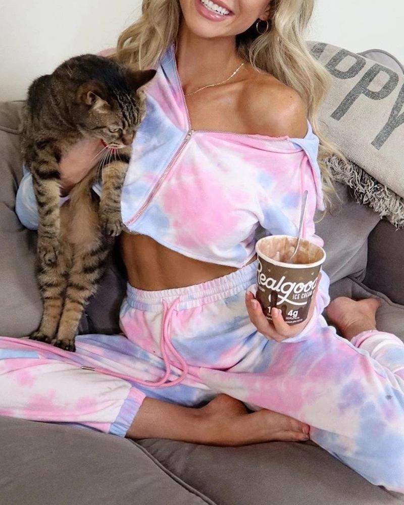 

Tie Dye Print Hooded Women Top & Drawstring Pants Sets, Pink