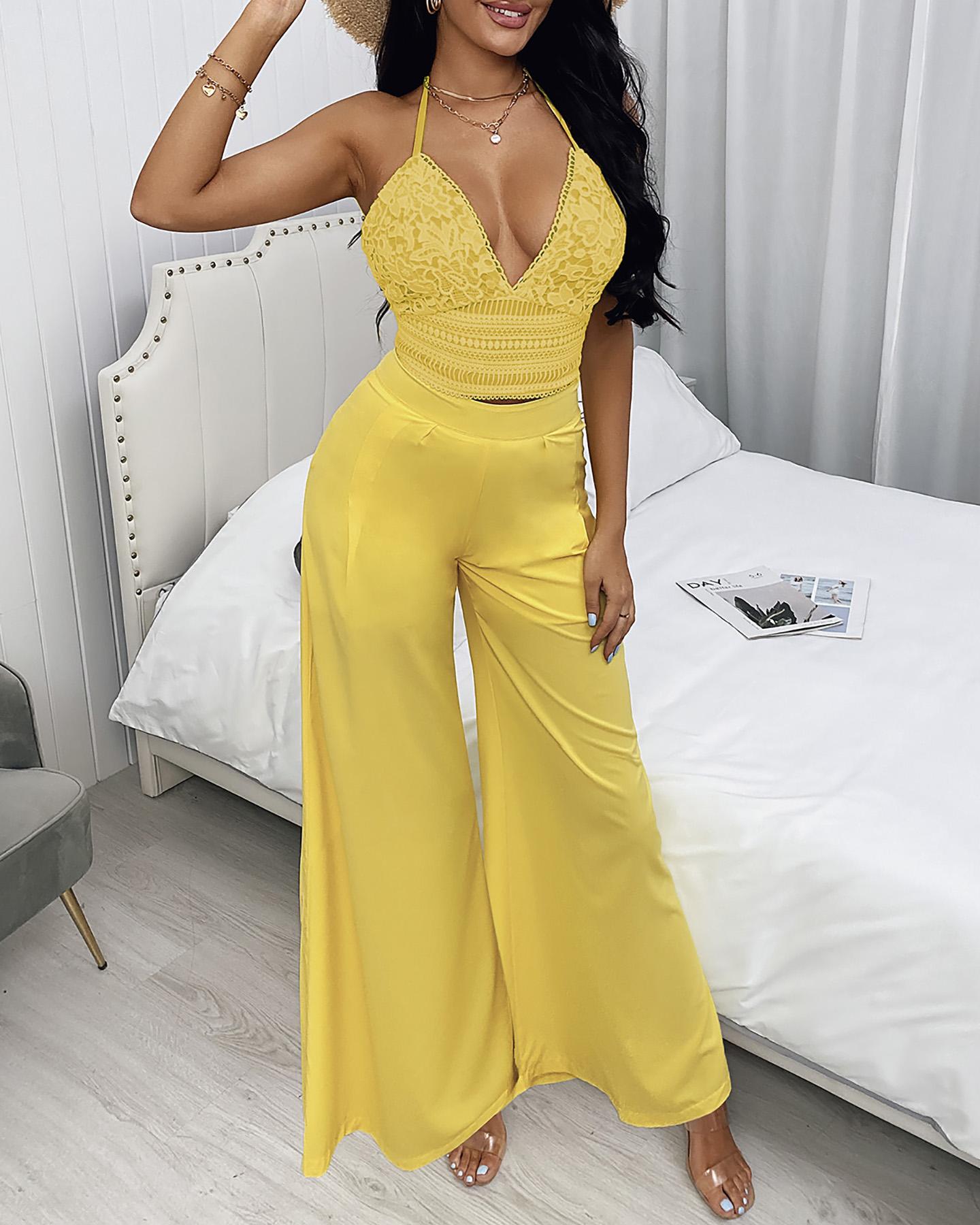 

Crochet Lace Halter Crop Top & Wide Leg Pants Set, Yellow