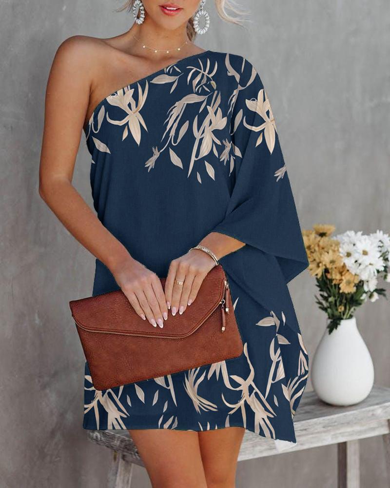 Plants Print One Shoulder Casual Dress