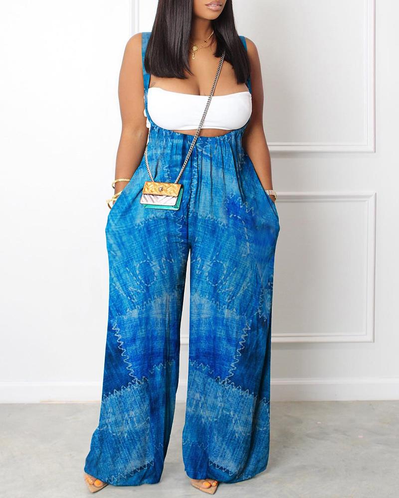 

Pocket Design Denim Print Wide Leg Suspender Jumpsuit, Blue