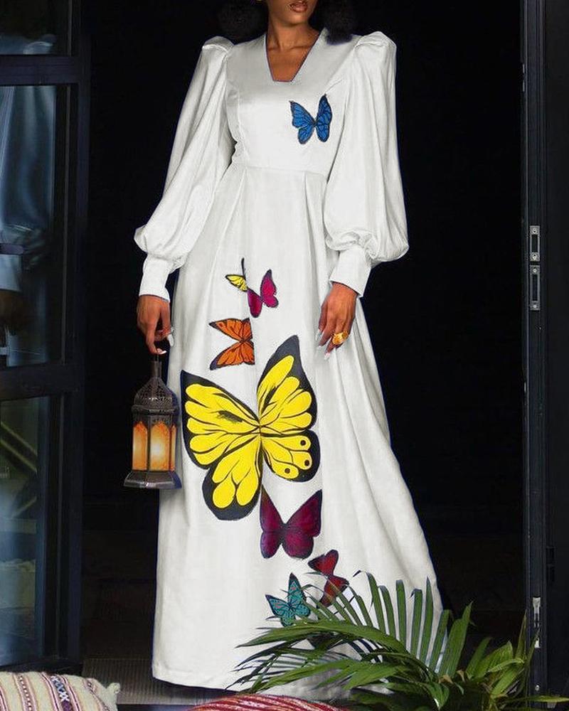 

Puff Lantern Sleeve Butterfly Print Maxi Dress, White
