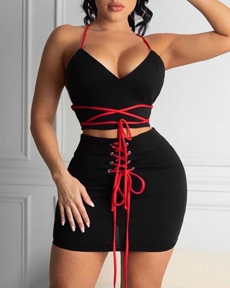 

Halter Crisscross Backless Crop Top & Eyelet Lace-up Skirt Set, Black