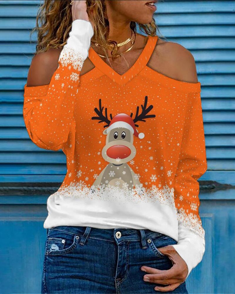 

Christmas Cold Shoulder Snowflake Elk Print Top, Orange