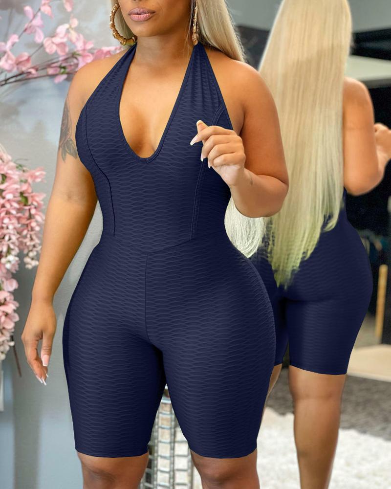 

Textured Halter Backless Active Romper, Purplish blue