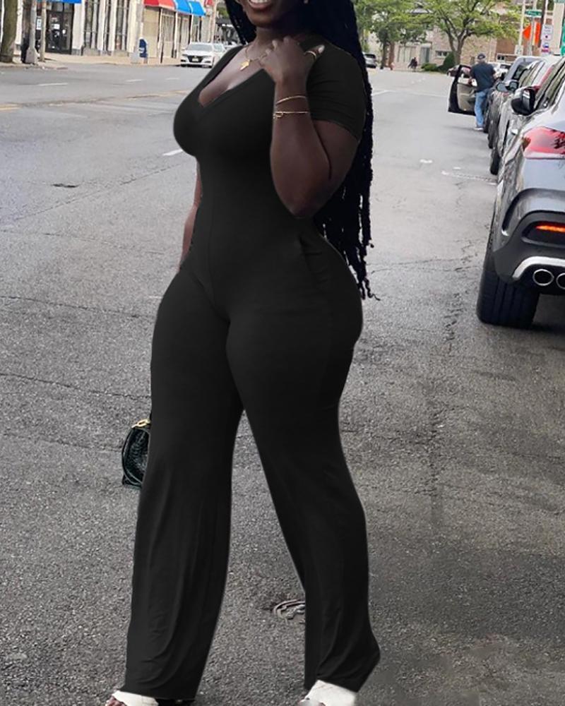 

Plus Size Pocket Design Short Sleeve Jumpsuit, Black