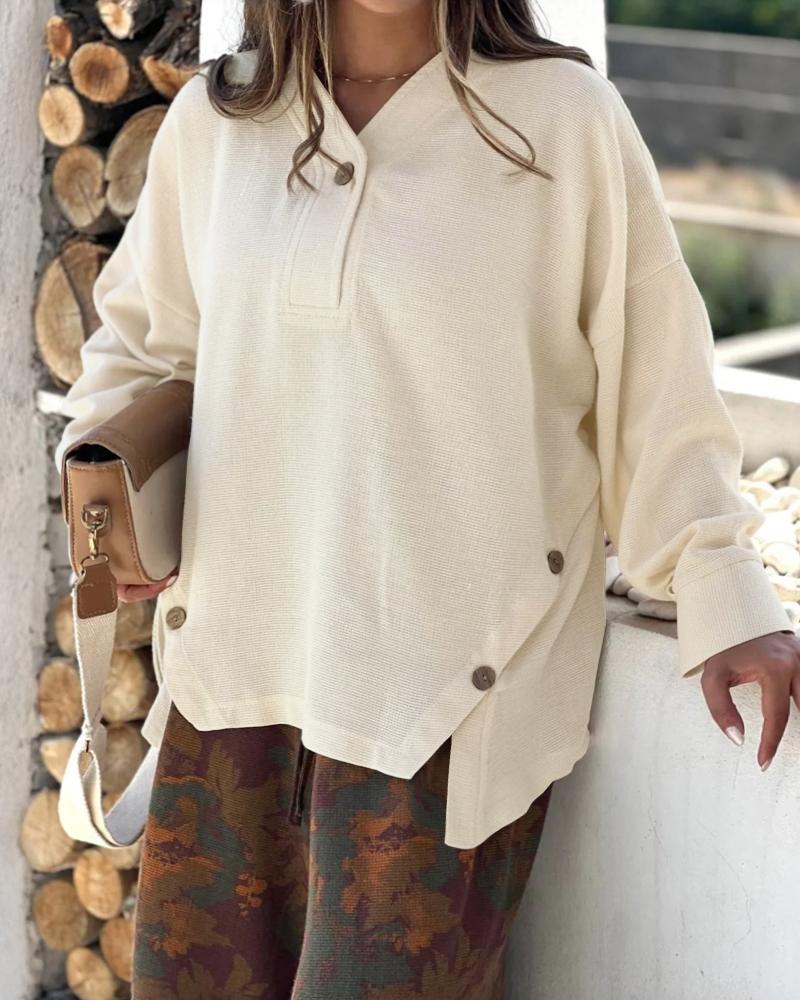 

Plus Size V-Neck Half Button Asymmetrical Hem Slit Blouse Casual Drop Shoulder Loose Top, Apricot