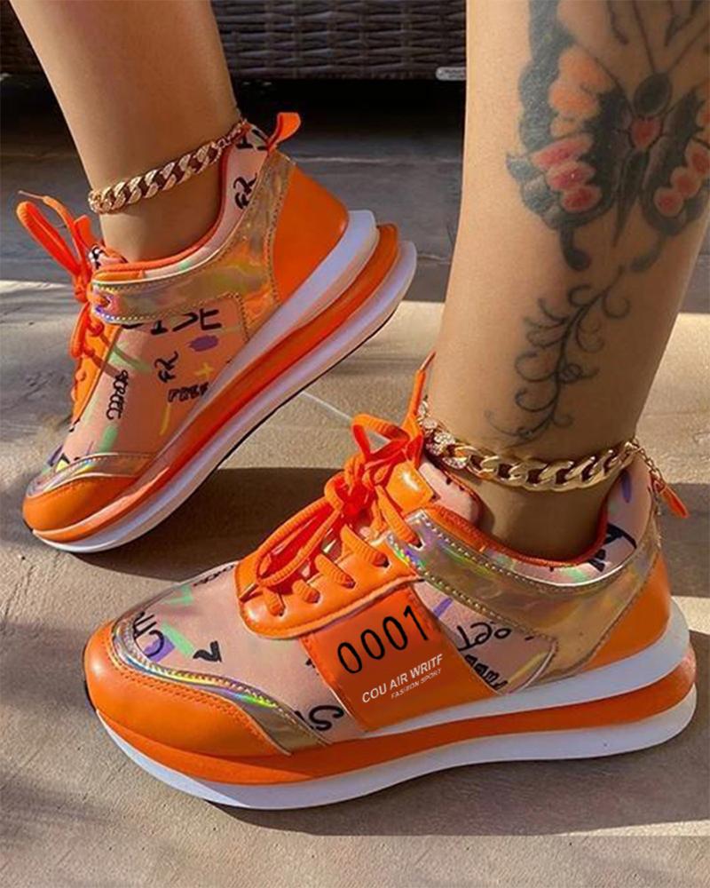 

Letter Print Colorblock Lace-up Sneakers, Orange