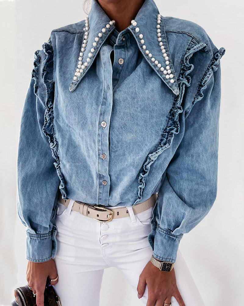 

Beaded Lantern Sleeve Buttoned Frill Hem Denim Shirt, Blue