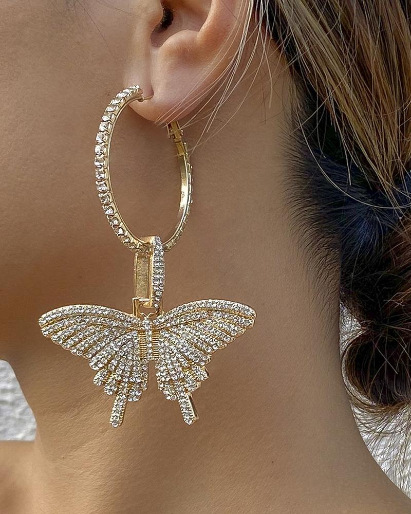 

1Pair Butterfly Pattern Rhinestone Hoop Earrings, Gold