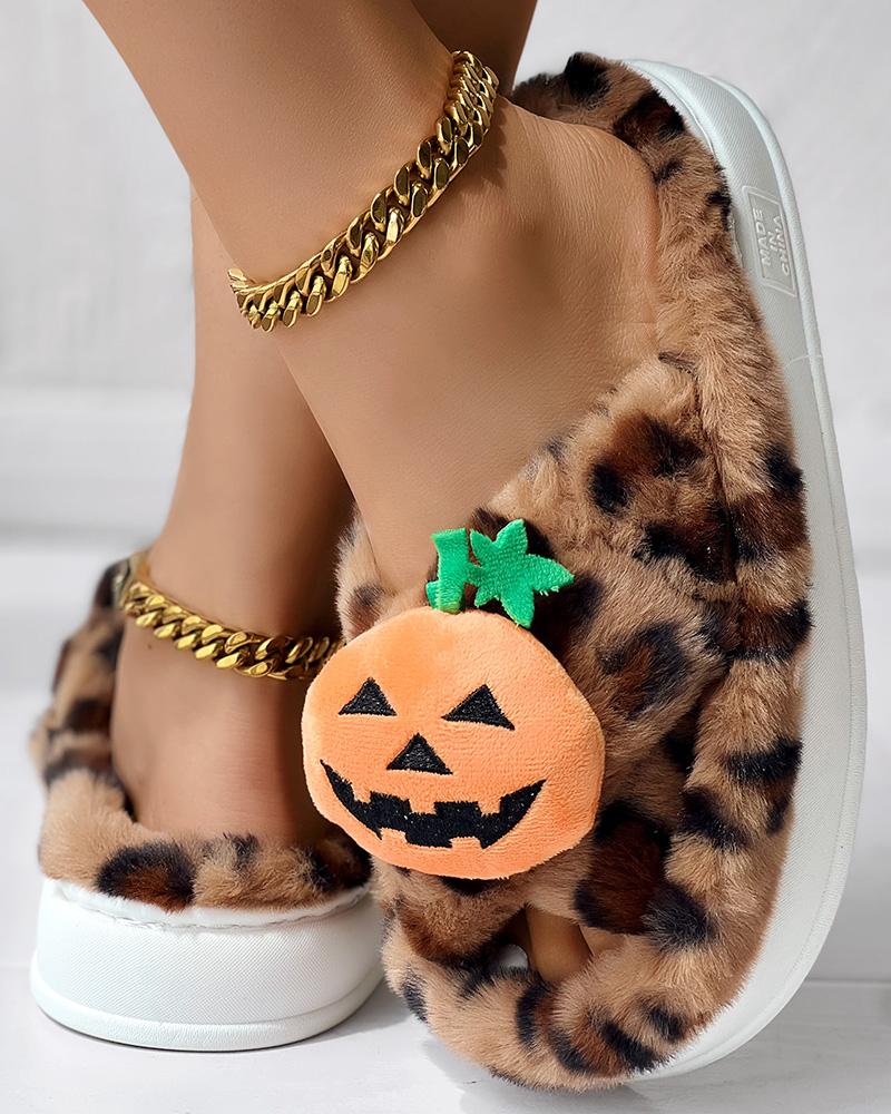 

Halloween Pumpkin Head Pattern Leopard Cross Strap Platform Fluffy Slippers, Brown