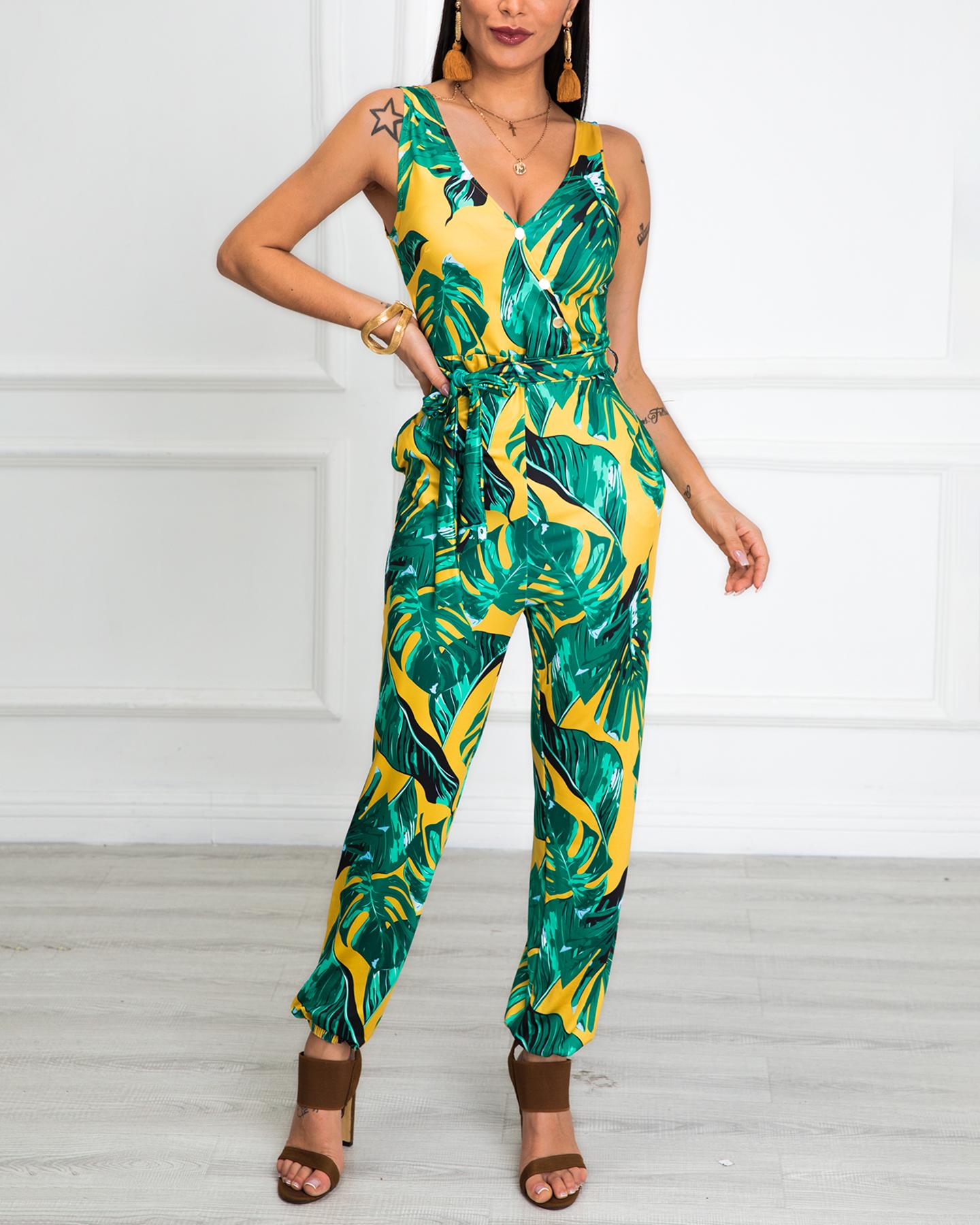 

Leaf Print Pocket Design Jumpsuit, Green