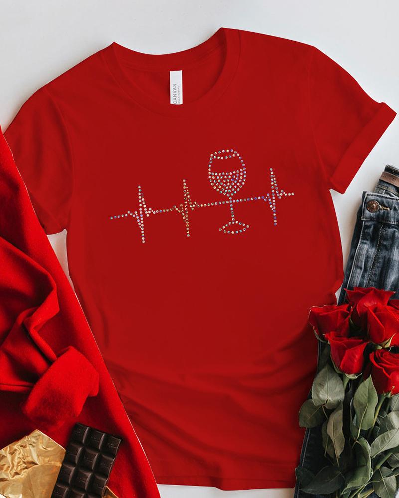 

Valentine' Day O-Neck Rhinestone Wine Glass Pattern Print T-shirt, Red