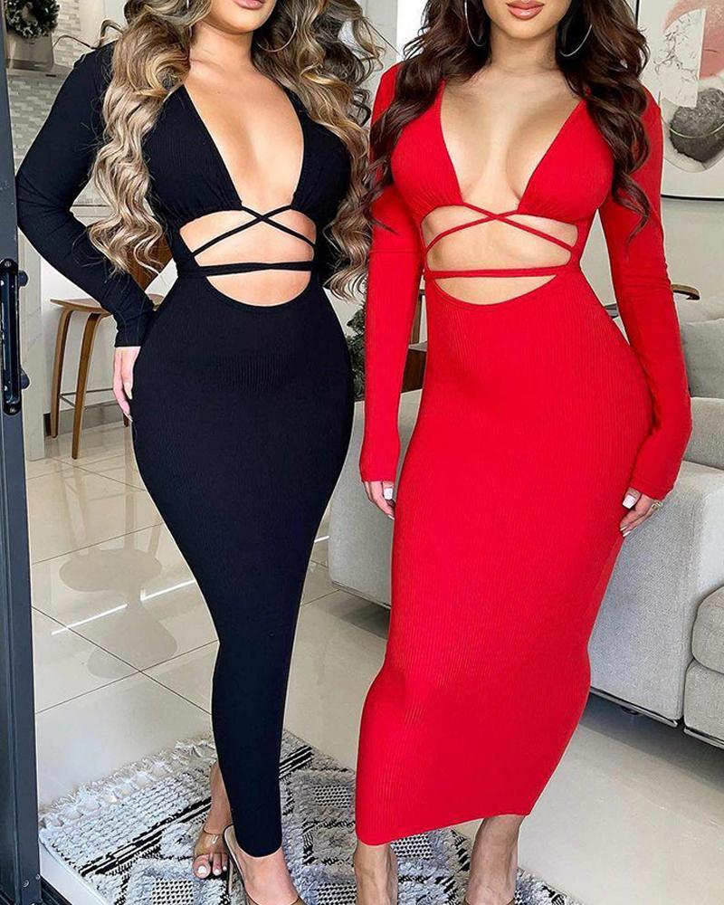 Long Sleeve Crisscross Cutout Bodycon Dress