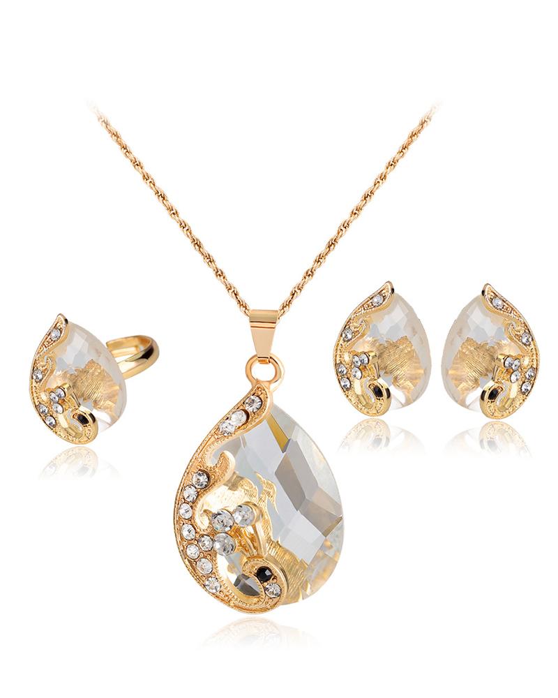 

3pcs Gem Stone Rhinestone Pendant Necklace & Earrings & Ring Jewelry Set, White