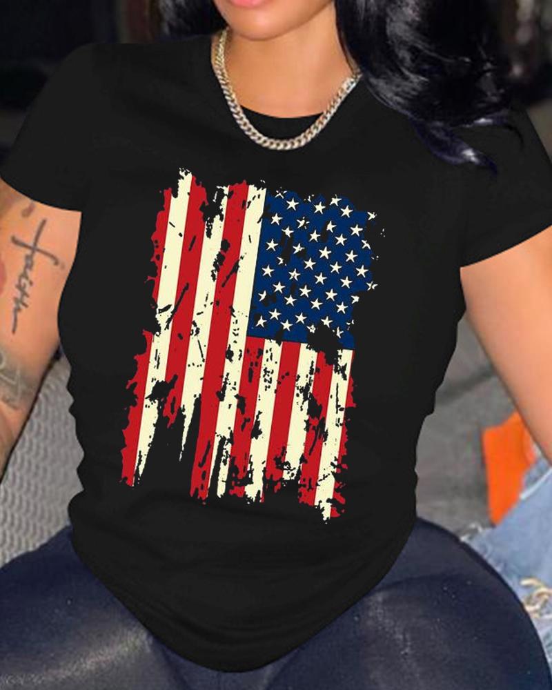 

Independence Day Flag Print Casual T-Shirt, Black