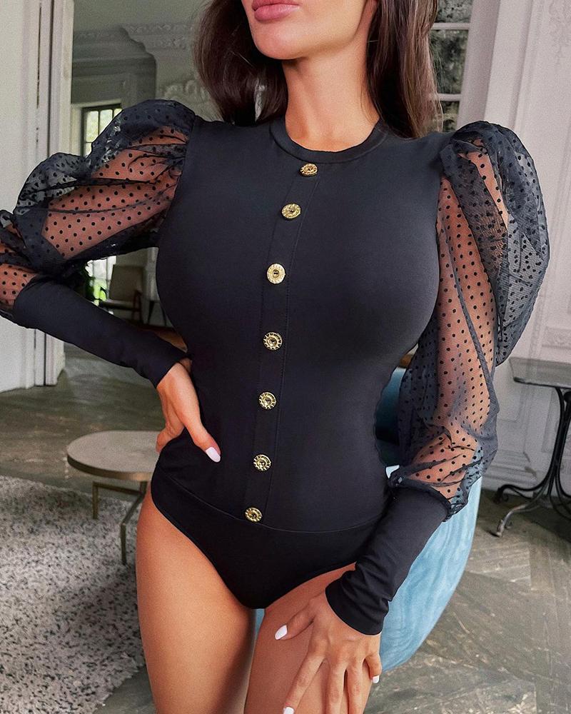 

Dot Mesh Puff Sleeve Button Decor Bodysuit, Black