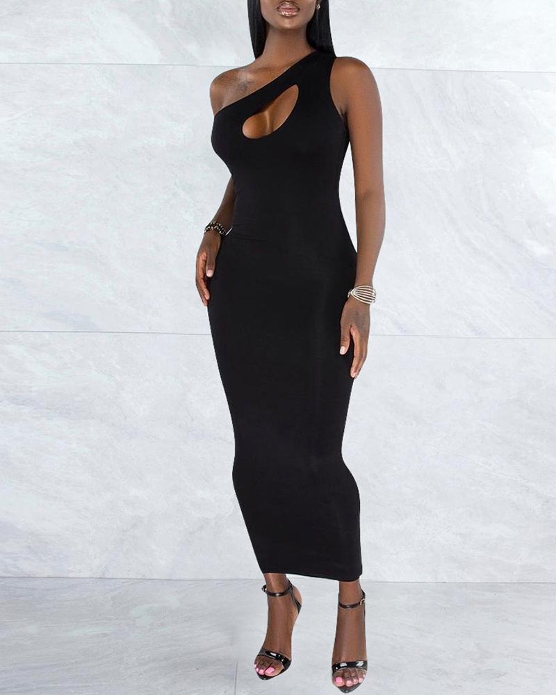 

One Shoulder Cutout Front Sleeveless Maxi Dress, Black