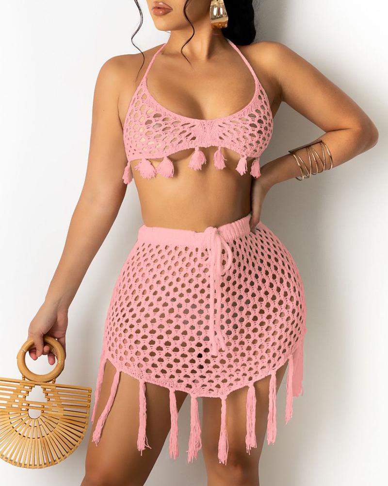 

Halter Backless Knit Tassel Design Cover Up Set, Pink