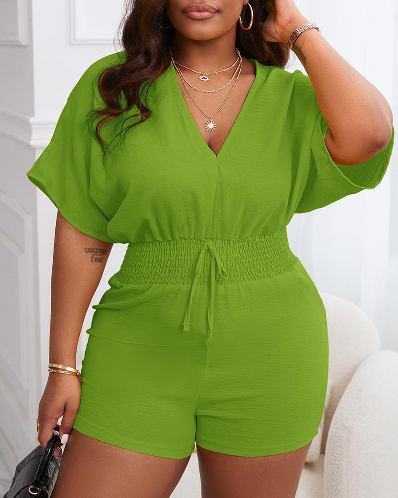 

Batwing Sleeve Shirred Waist Romper, Green