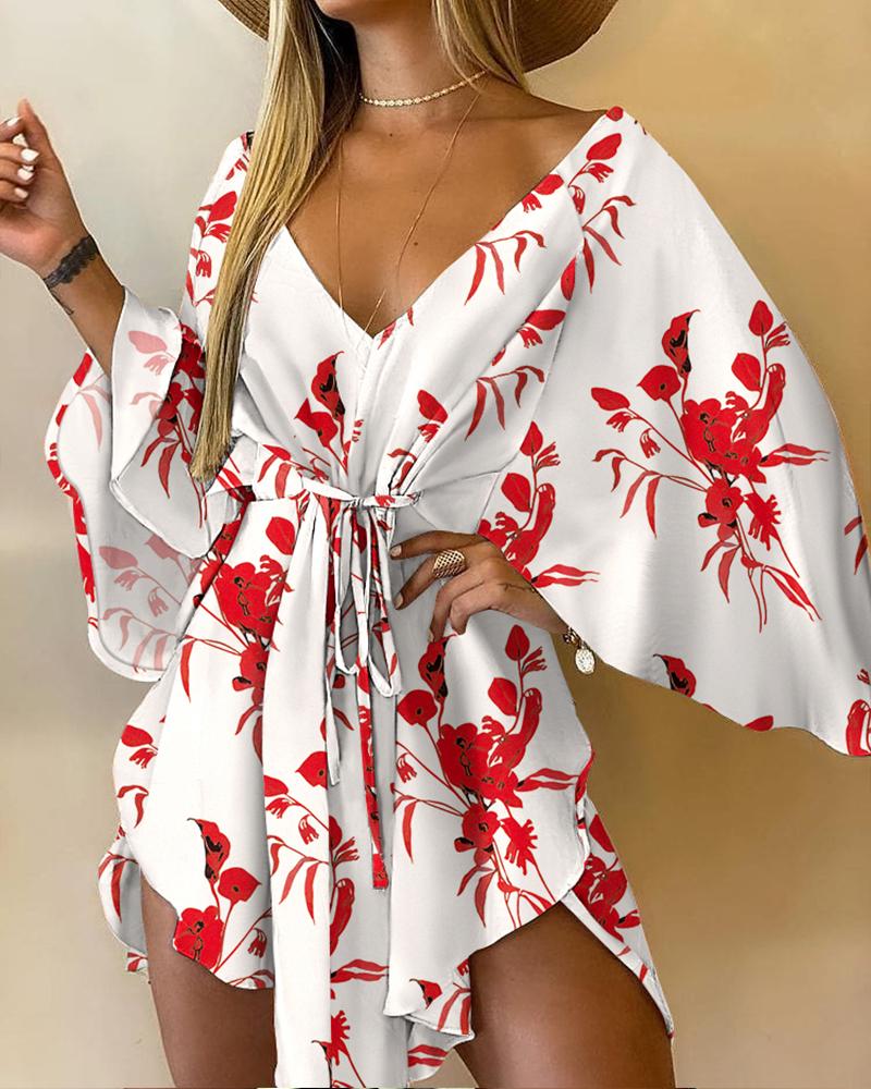 

Floral Print V-Neck Asymmetrical Tie Front Mini Dress, Red