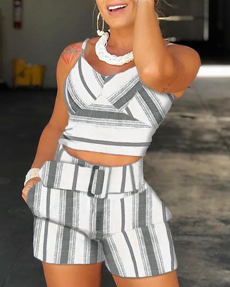 

Spaghetti Strap Striped Top & Short Sets, Gray