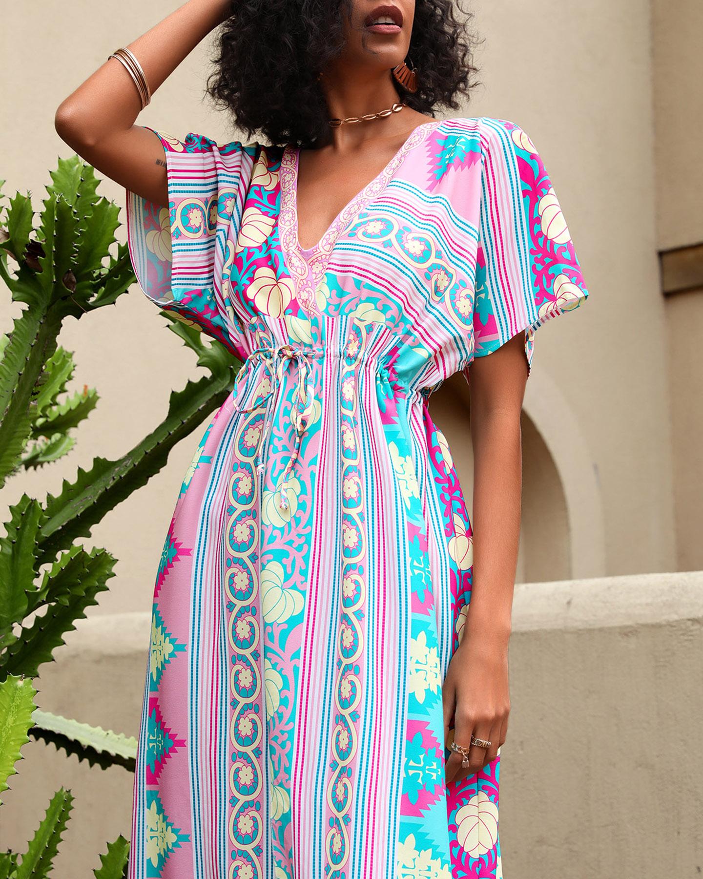 

Graphic Print Drawstring Short Sleeve Slit Cover Up Dress, Multicolor